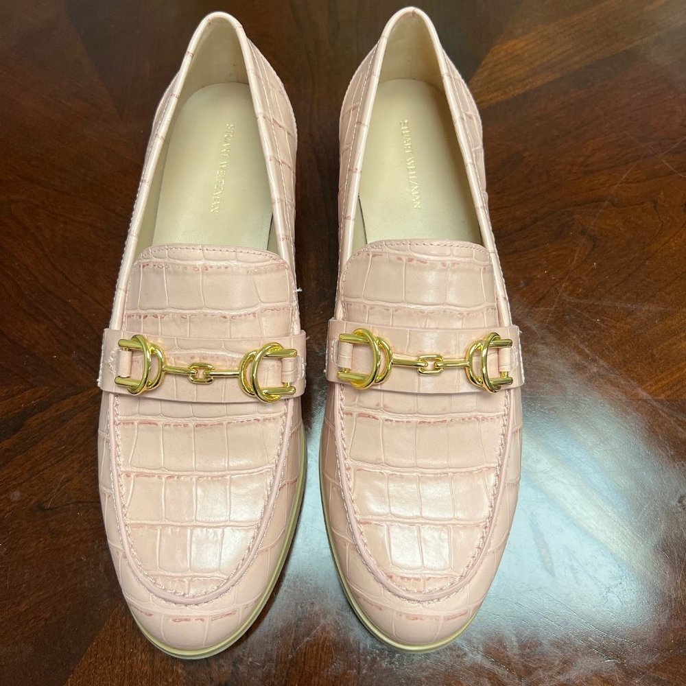 Stuart Weitzman Owen Buckle embellished croc effect leather loafers in blush